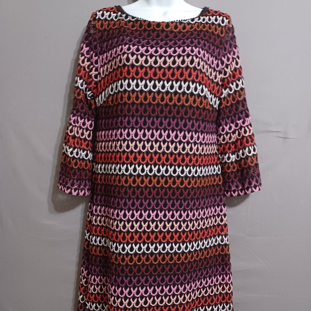 ana alcazar dress black colorful‎ boatneck 3/4 bell sleeves sheath office sz 42